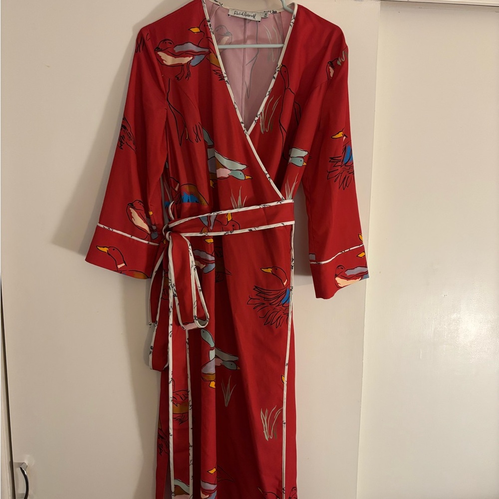 Red Watercolor Duck Print Wrap Dress